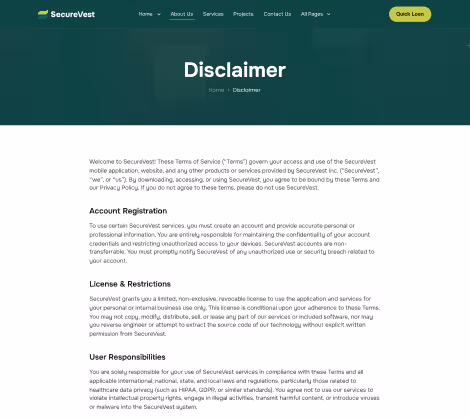 SecureVest website disclaimer page with terms on account registration, license restrictions, and user responsibilities.