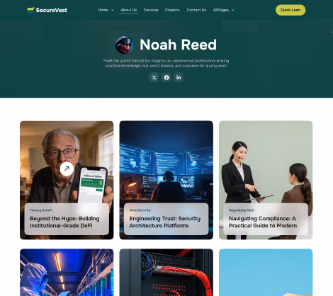 Webpage header for Noah Reed on SecureVest, showing his photo and articles on tech and security topics.