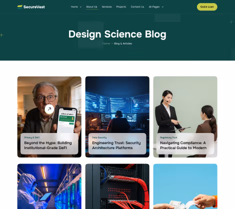 Design Science Blog webpage displaying articles on DeFi, data security, and regulatory compliance with related images.
