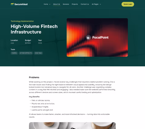 SecureVest case study page showing High-Volume Fintech Infrastructure project with FocalPoint image and project details.
