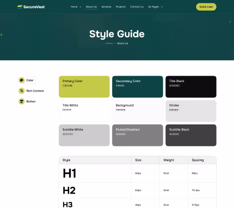 SecureVest style guide showing primary, secondary colors, text colors, and font styles with size, weight, and spacing.