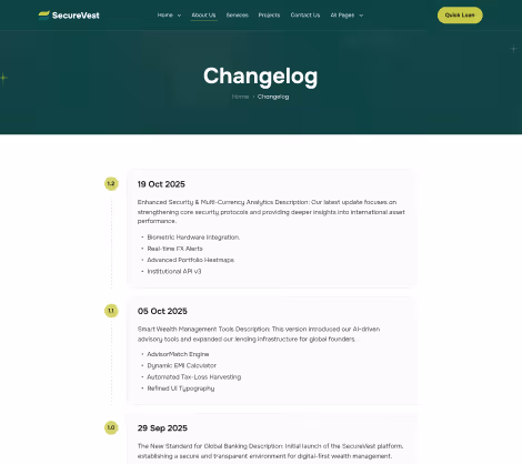Changelog page of SecureVest website listing updates from October 2025 with detailed feature descriptions.