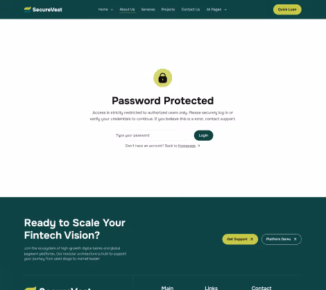 Password protected page for SecureVest with a lock icon and a password login field on a clean white background.