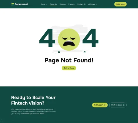 SecureVest 404 error page with a sad face icon and text 'Page Not Found!' plus button to go back to home.
