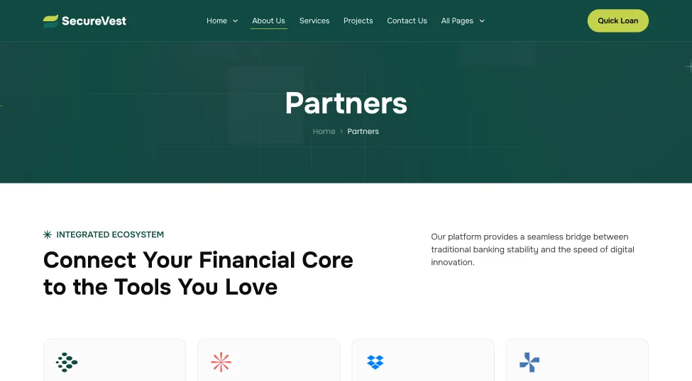 SecureVest Partners page showing navigation menu and message to connect financial core with preferred tools.