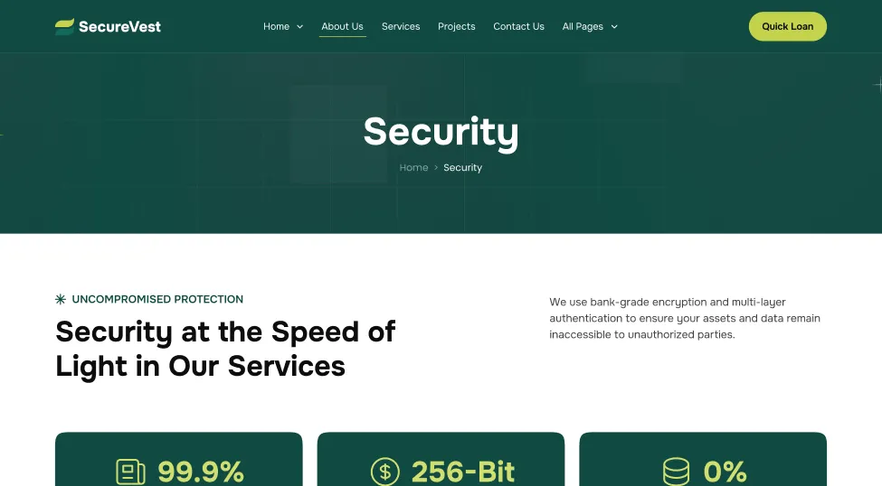 SecureVest webpage showing security services with emphasis on fast, uncompromised protection using bank-grade encryption.