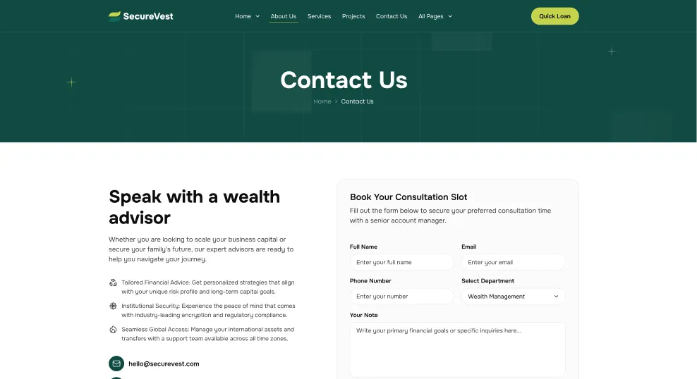 SecureVest contact page with wealth advisor consultation form and details on financial advice services.