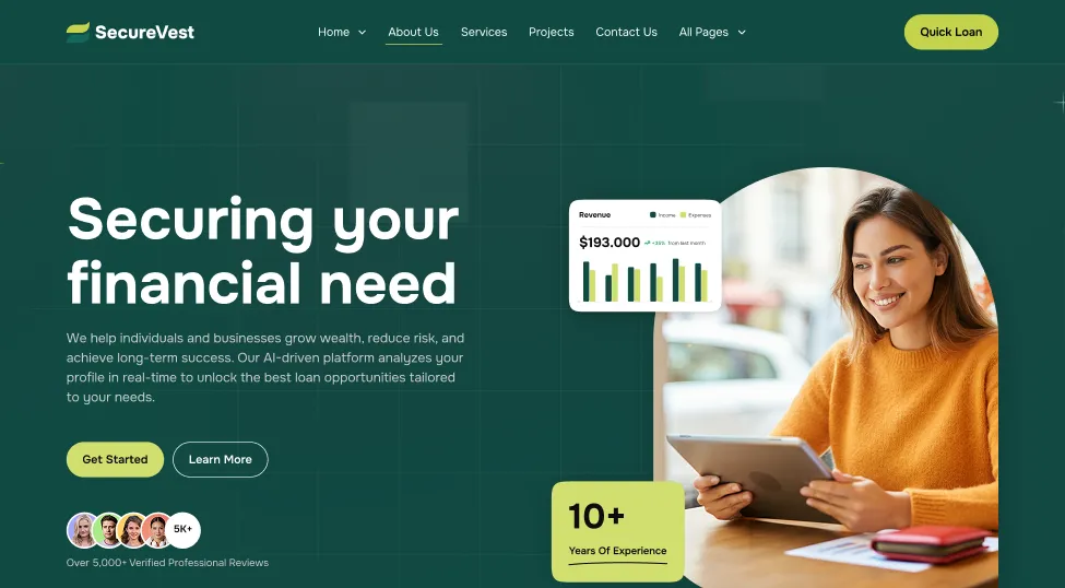 Smiling woman holding a tablet with financial growth charts and SecureVest website header offering loans.