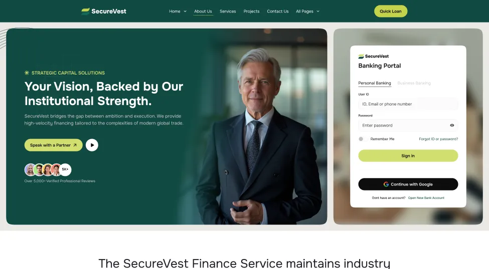 SecureVest website homepage with a business professional, strategic capital solutions text, and a banking portal login form.