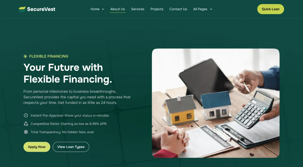 Website header for SecureVest showing flexible financing options with houses, a calculator, and contract on a desk.