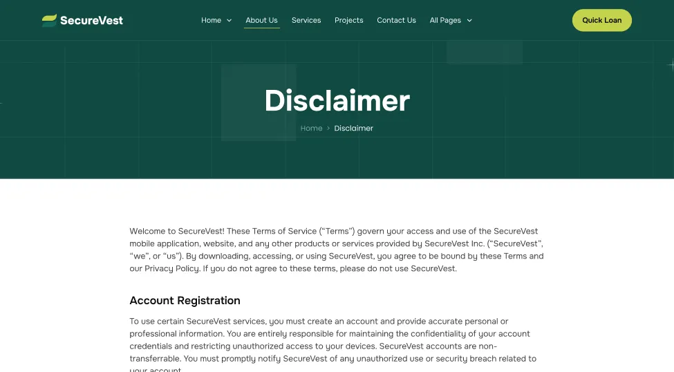 Disclaimer page of SecureVest website showing terms of service and account registration information.