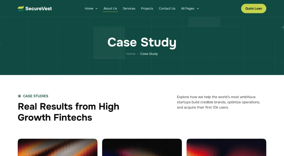 SecureVest case study page header with navigation and text about real results from high growth fintechs.