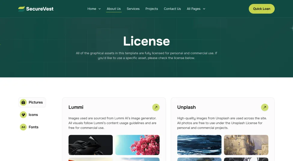 SecureVest website License page showing sections for Lummi and Unsplash image usage policies.