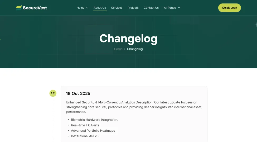 SecureVest changelog page showing an update on 19 Oct 2025 about enhanced security and multi-currency analytics.