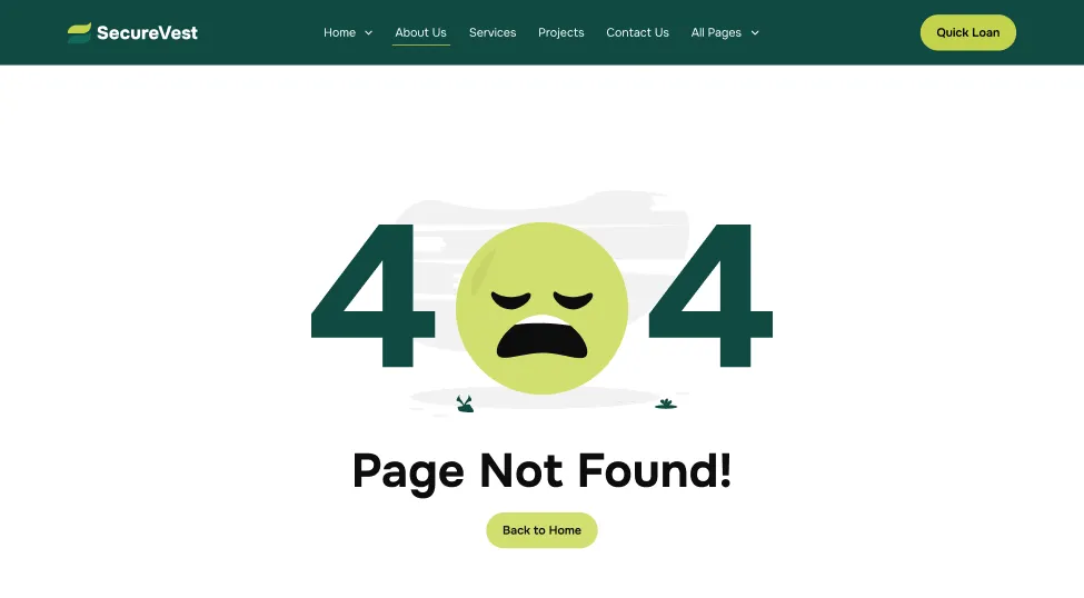 Sad face between large numbers 4 and 4 indicating a 404 Page Not Found error with a Back to Home button.