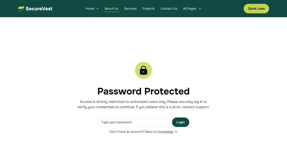SecureVest website password protected page with lock icon and login form for authorized users.