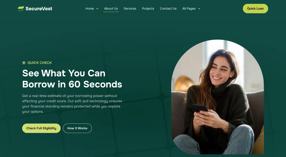 Smiling woman holding a phone next to text about checking loan borrowing power in 60 seconds.
