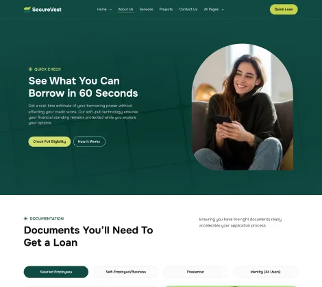 Loan eligibility page with text about borrowing fast and a smiling woman holding a phone.