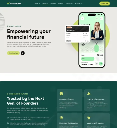 Financial app on phone screen showing wallet balance and smart lending options with a businesswoman image.
