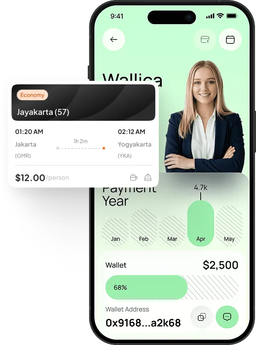 Mobile app screen showing wallet balance, payment stats, and a $12 flight from Jakarta to Yogyakarta.