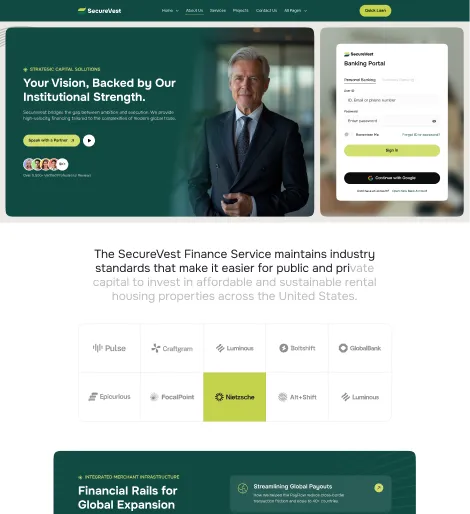 Finance service homepage showing secure login, executive portrait, service partners, and investment info.