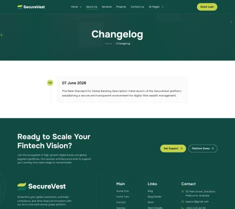 SecureVest changelog webpage showing an update dated 07 June 2026 for digital-first wealth management.