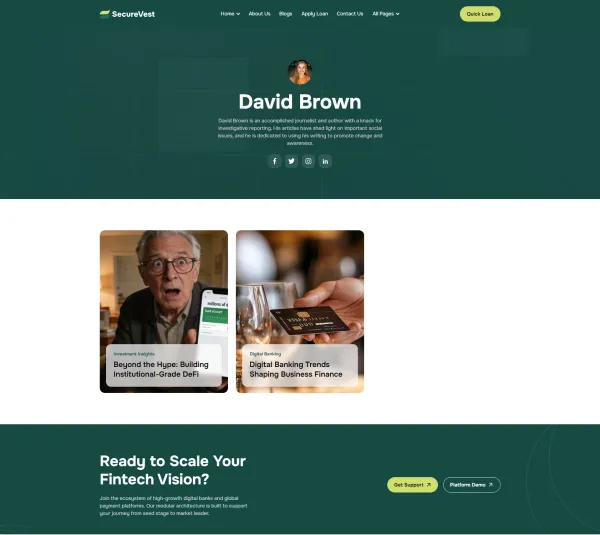 David Brown journalist profile with two fintech article previews and fintech support call to action.