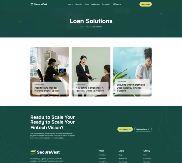 SecureVest blog page showcasing loan solutions with articles on digital spaces, compliance, and data integrity.