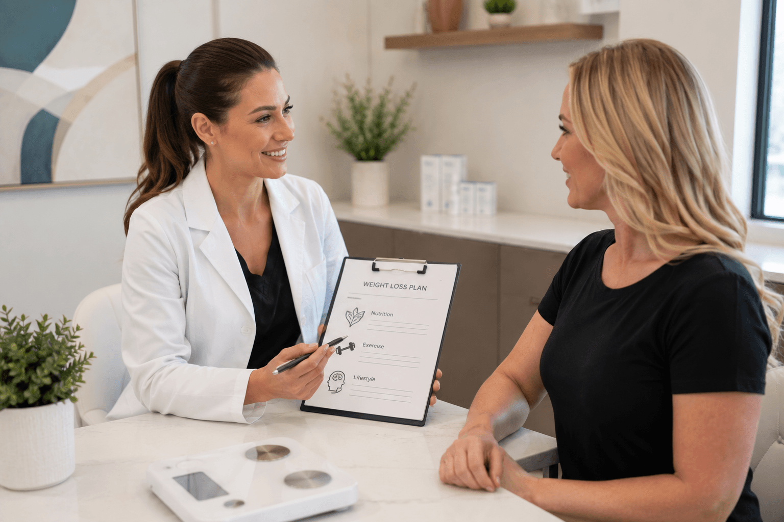 Patient consulting with a provider about a medical weight loss program in Greenwood, Colorado