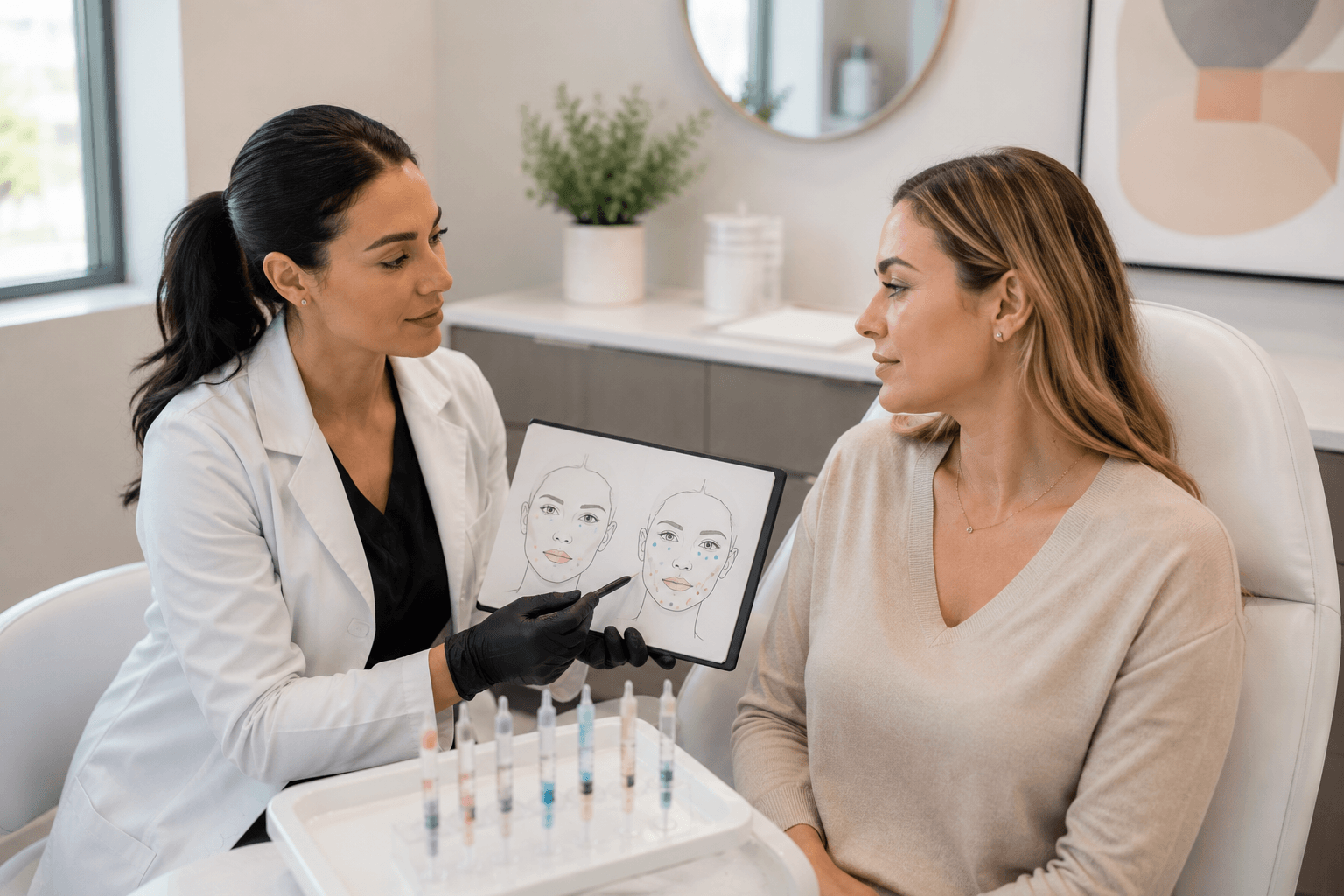 Provider administering dermal filler to a patient's cheek at a med spa in Greenwood, Colorado
