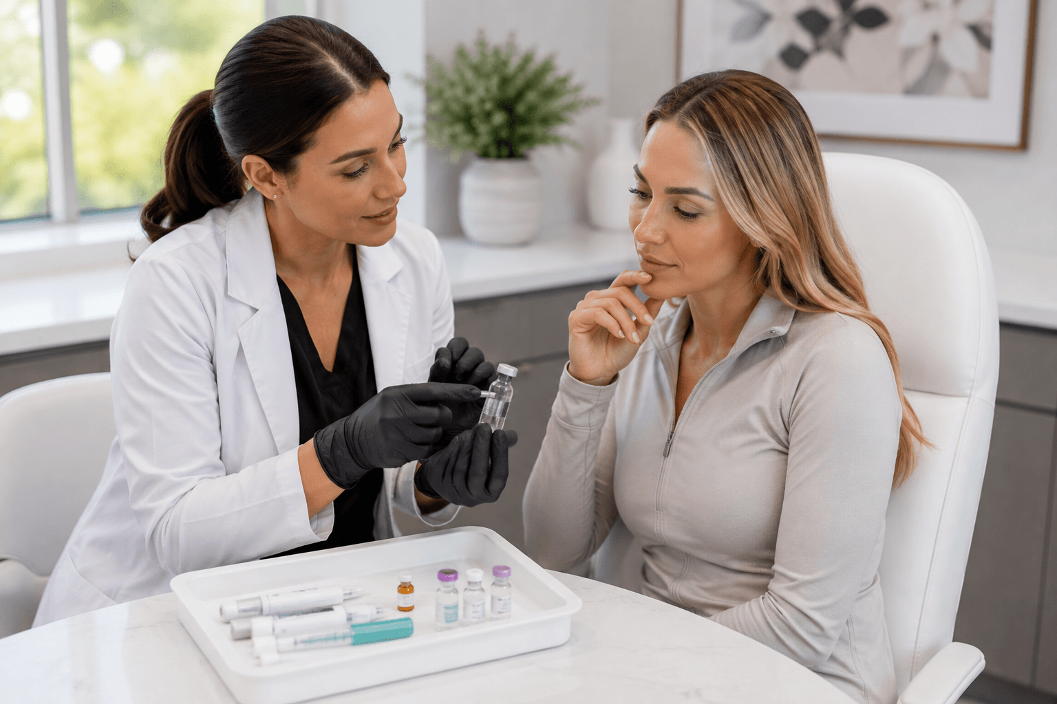 Patient consulting with a provider about peptide therapy at a med spa in Greenwood, Colorado