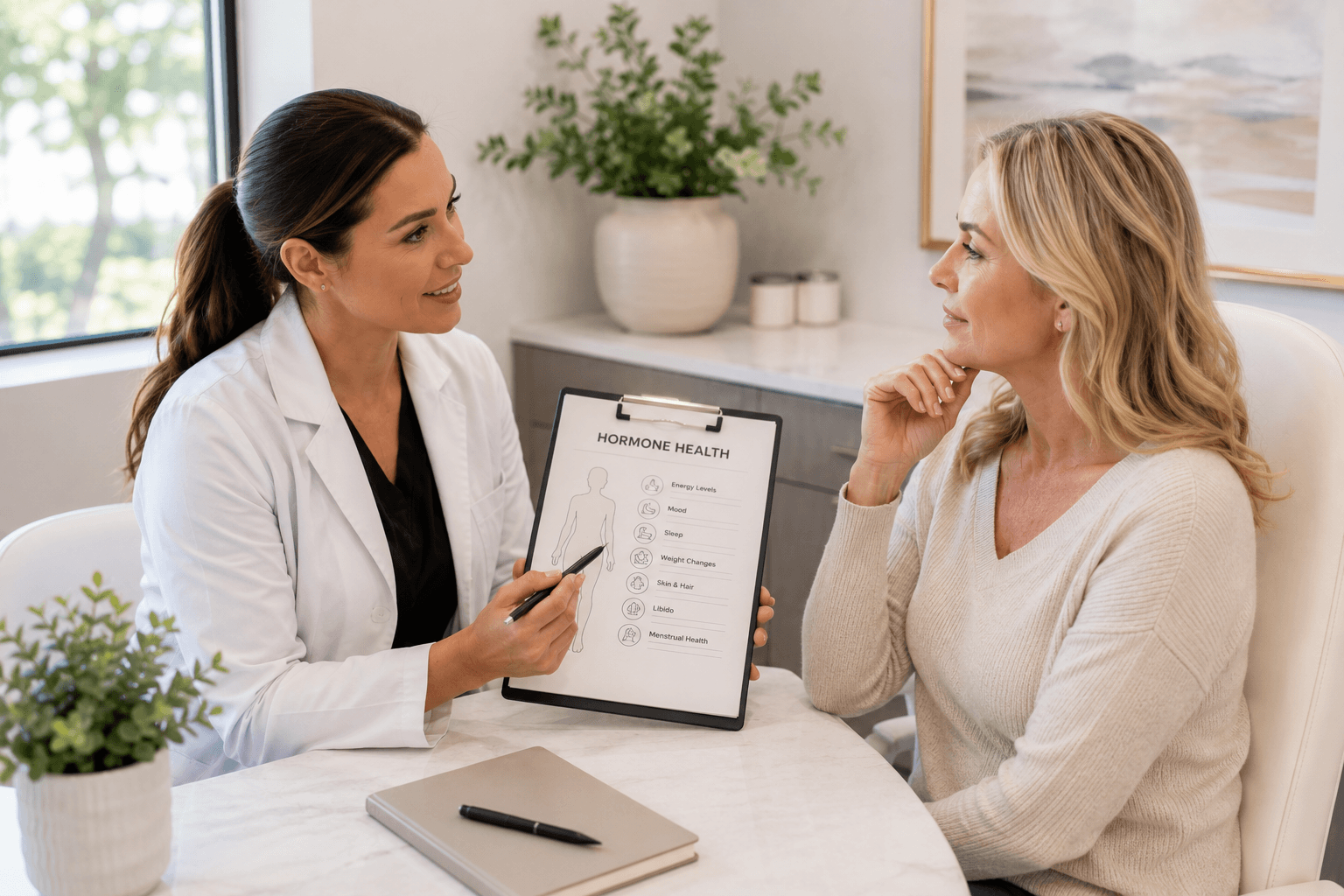 Patient discussing hormone replacement therapy options with a provider in Greenwood, Colorado
