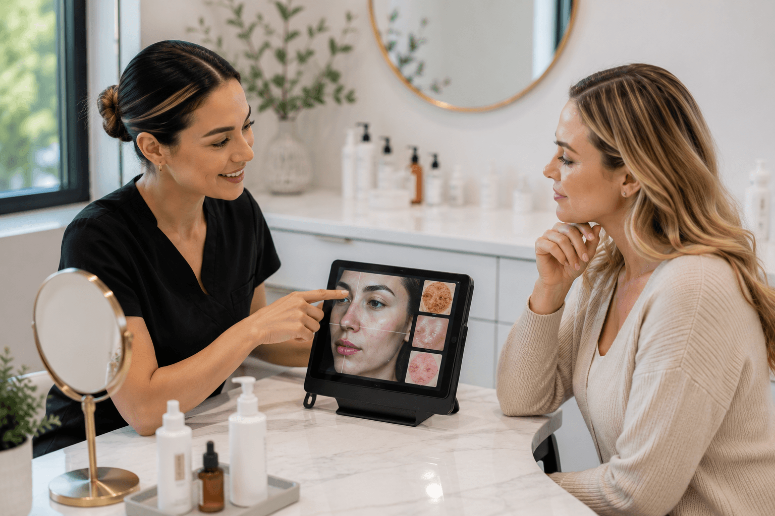 Licensed esthetician consulting with a client at a medical spa in Englewood, Colorado
