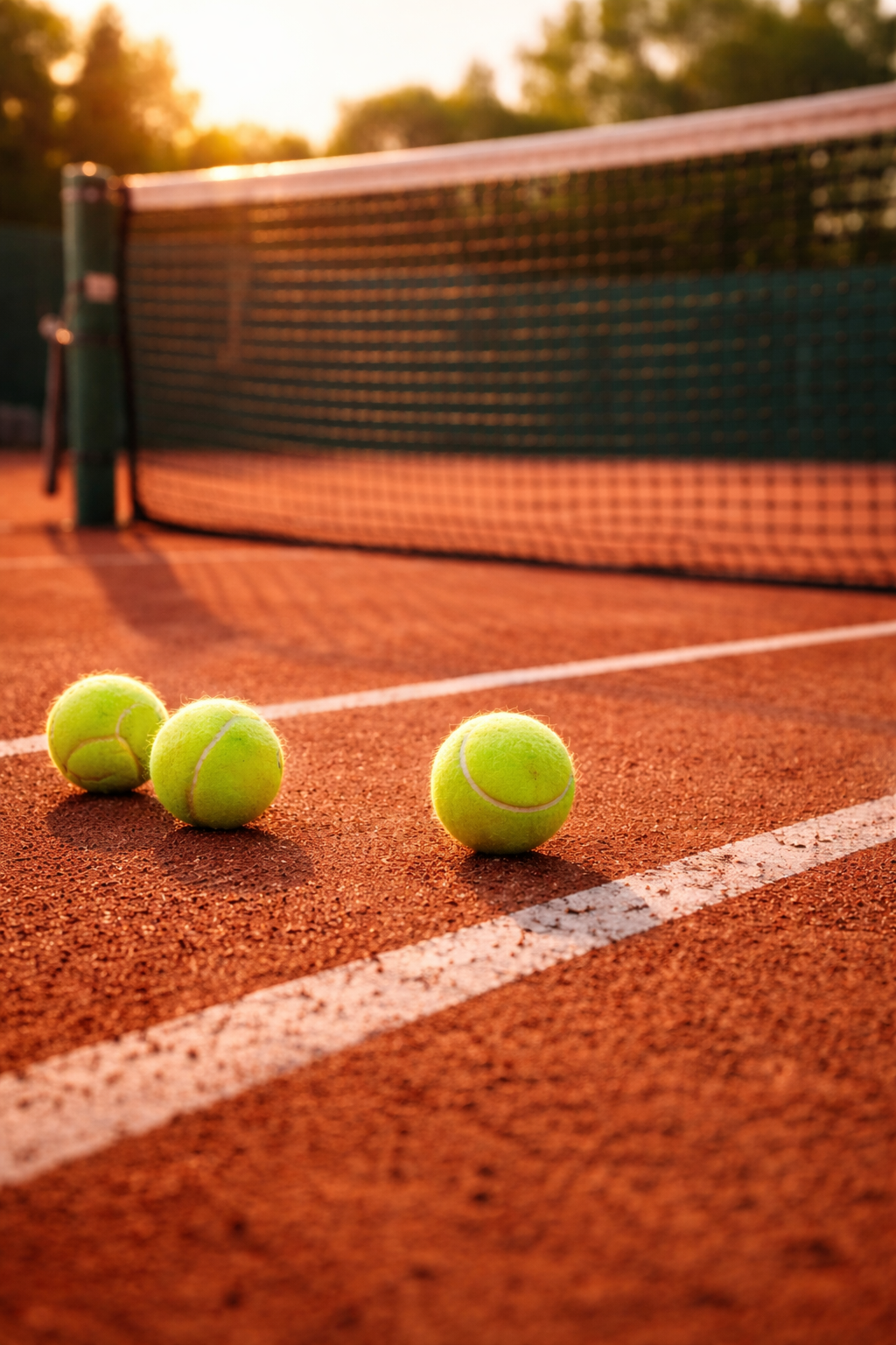 Tre palline da tennis su un campo in terra rossa al tramonto, con rete sullo sfondo e luce calda dorata. Atmosfera sportiva e suggestiva.