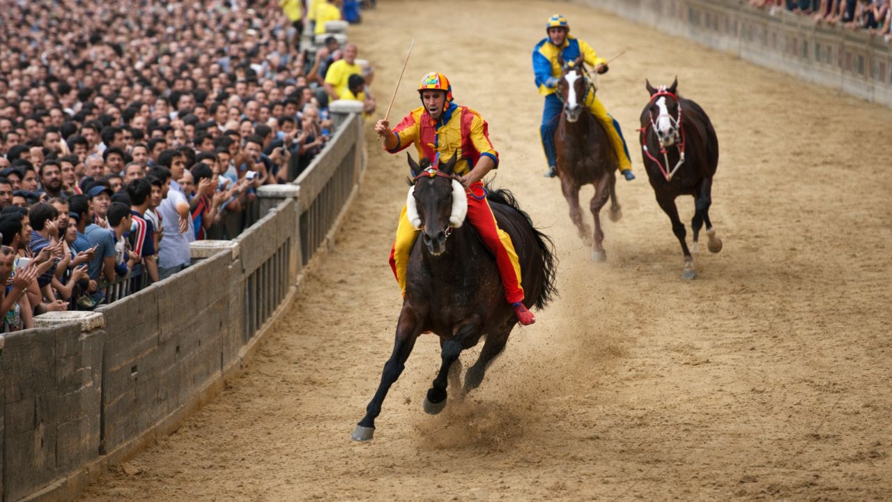 Tre fantini al galoppo durante una corsa su pista sabbiosa, con il cavallo in primo piano montato da un fantino in rosso e giallo che guida la gara, seguito da altri due cavalieri in blu e giallo. A sinistra, una folla numerosa di spettatori si affaccia oltre una barriera in legno, osservando e fotografando l’evento.