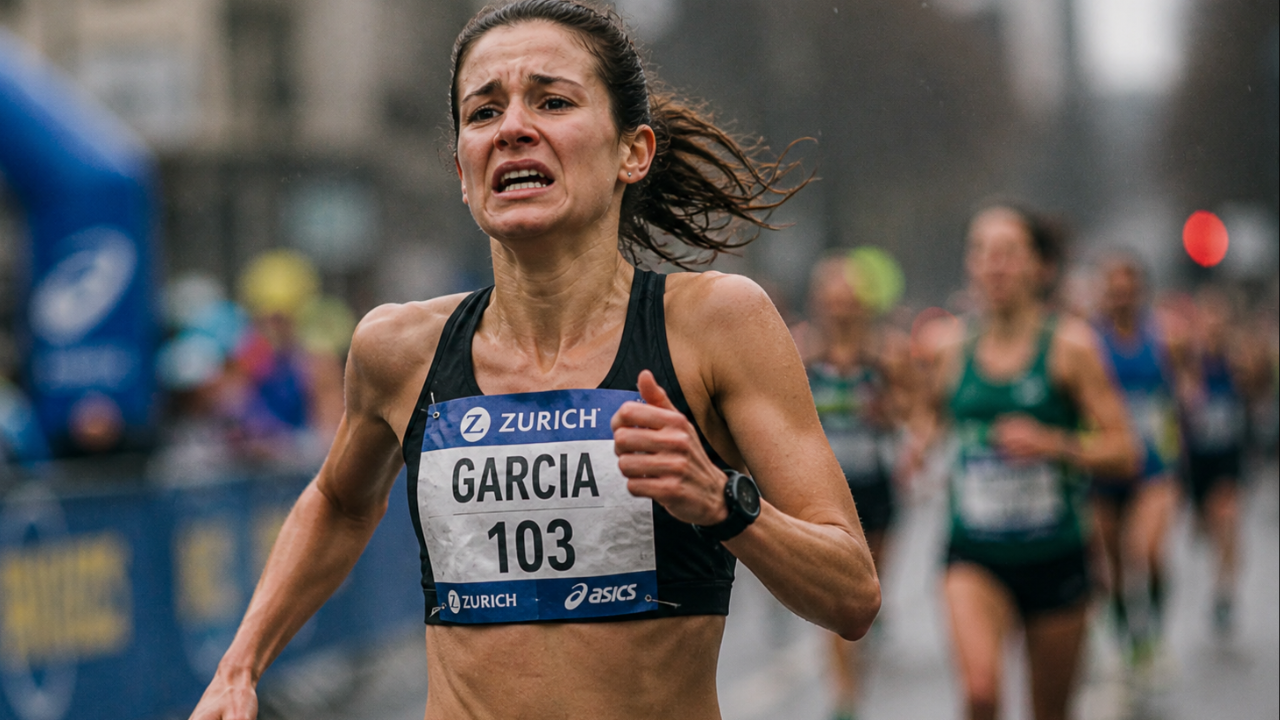Donna corre una maratona sotto la pioggia, affaticata ma determinata a non fermarsi. 