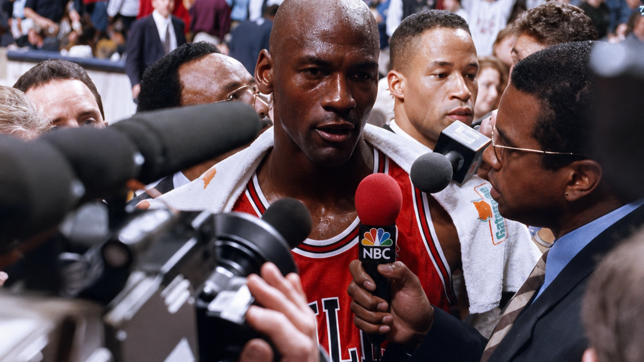 Michael Jordan viene intervistato dai media a bordo campo dopo una partita, circondato da giornalisti, telecamere e microfoni in un'arena gremita di spettatori. 