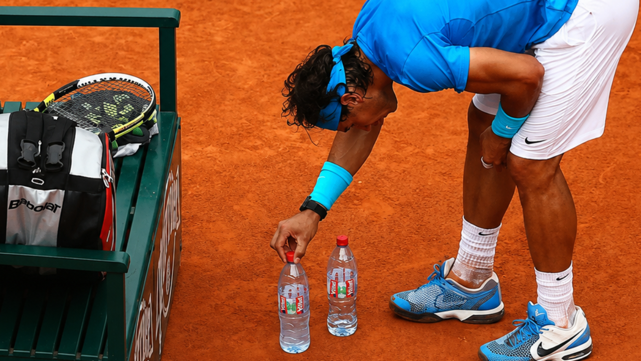 Rafael Nadal su un campo in terra rossa, vestito di azzurro e bianco, si china per prendere una bottiglia d’acqua. Accanto a lui, su una panchina verde, ci sono una racchetta e una borsa sportiva.