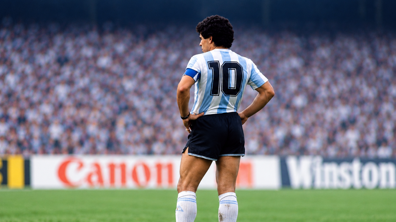 Maradona visto di spalle sul campo da calcio, con la maglia biancoceleste dell’Argentina numero 10 e la fascia da capitano, davanti agli spalti gremiti di tifosi. 