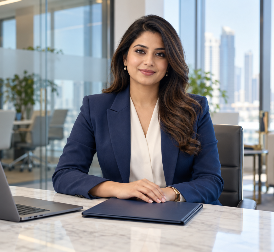 Confident Business Consultant in Dubai Office