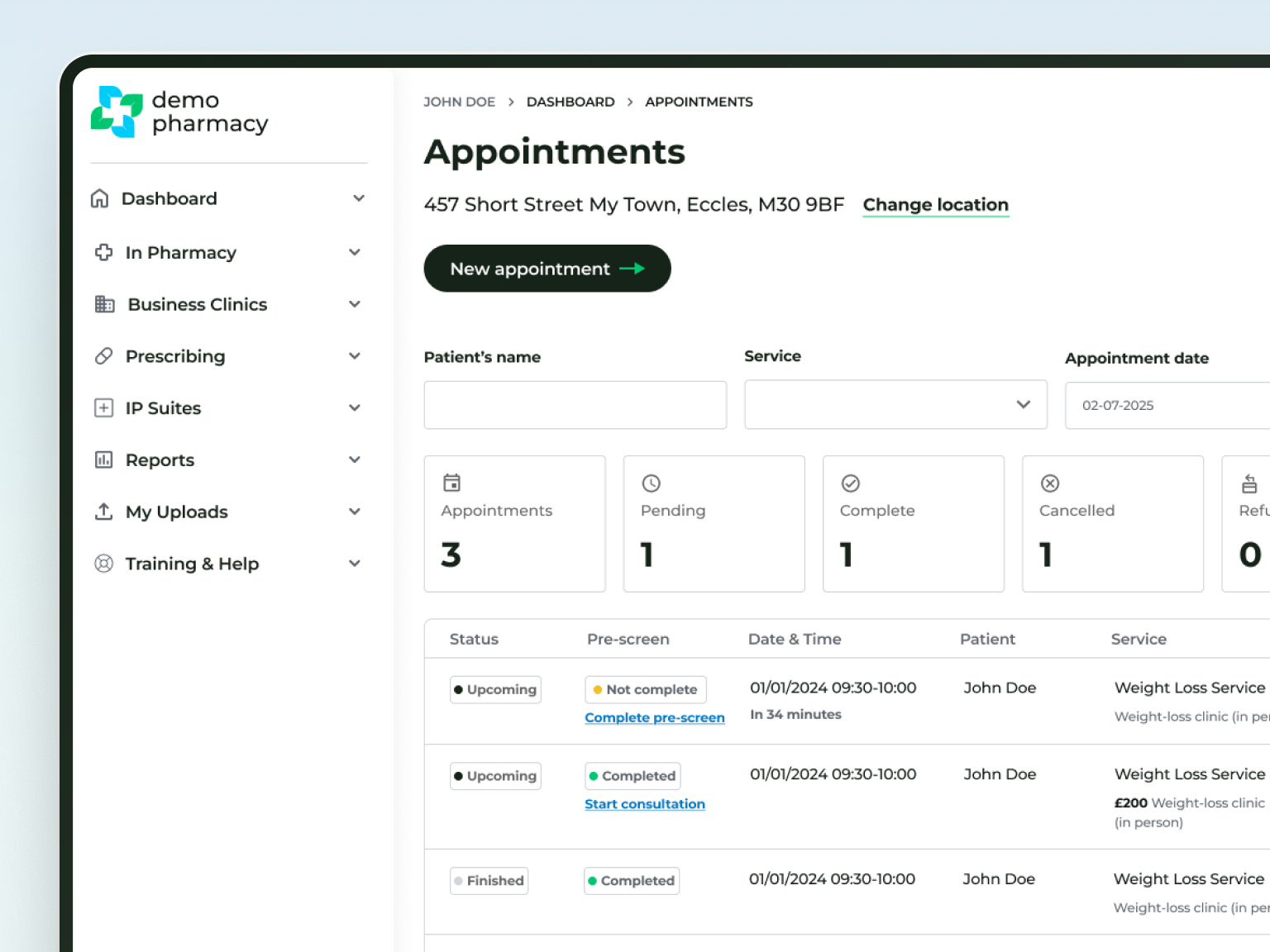 Deltera appointments dashboard