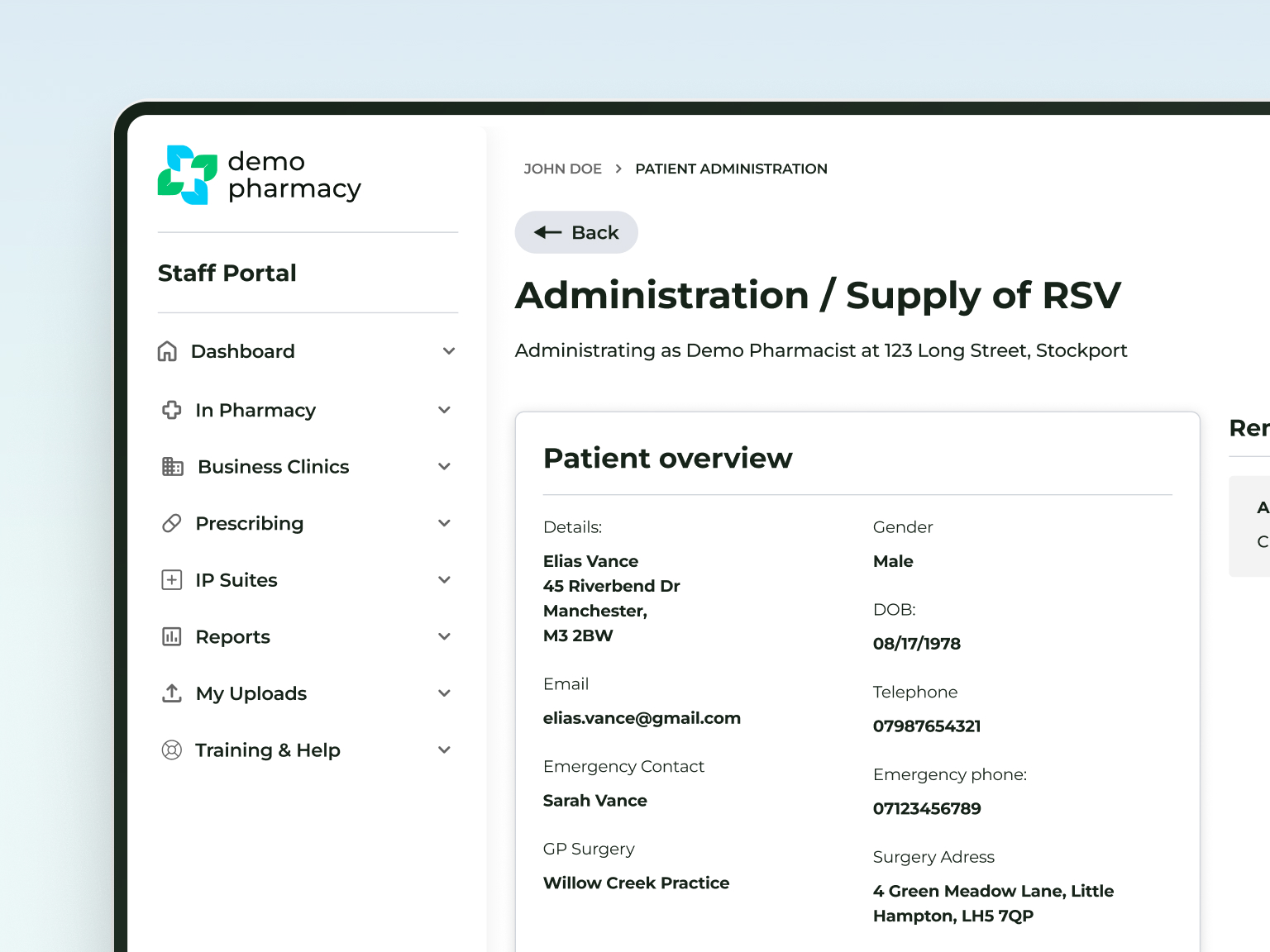 Deltera UI of RSV administraton
