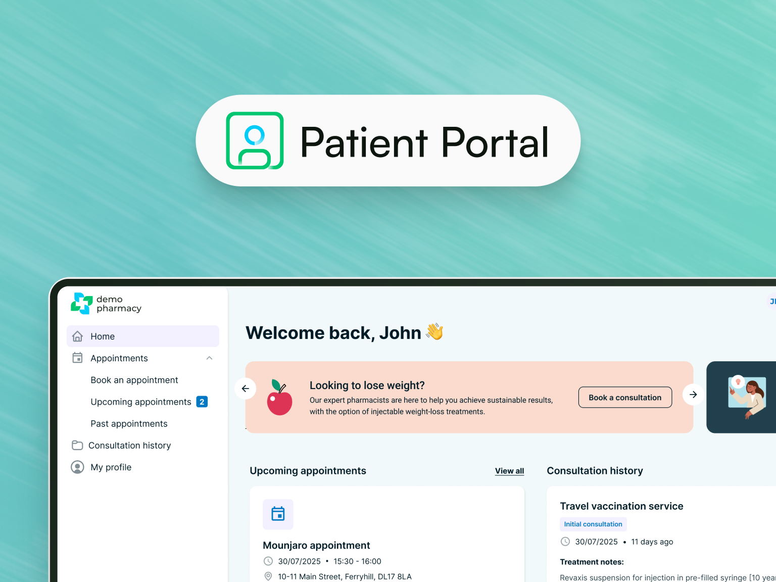Patient Portal logo and home screen