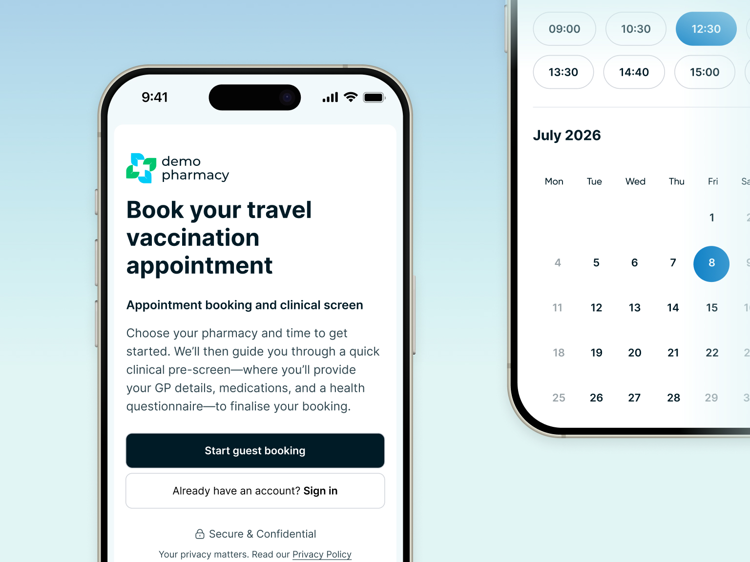 Two iphones showing the new booking and pre-screen UI