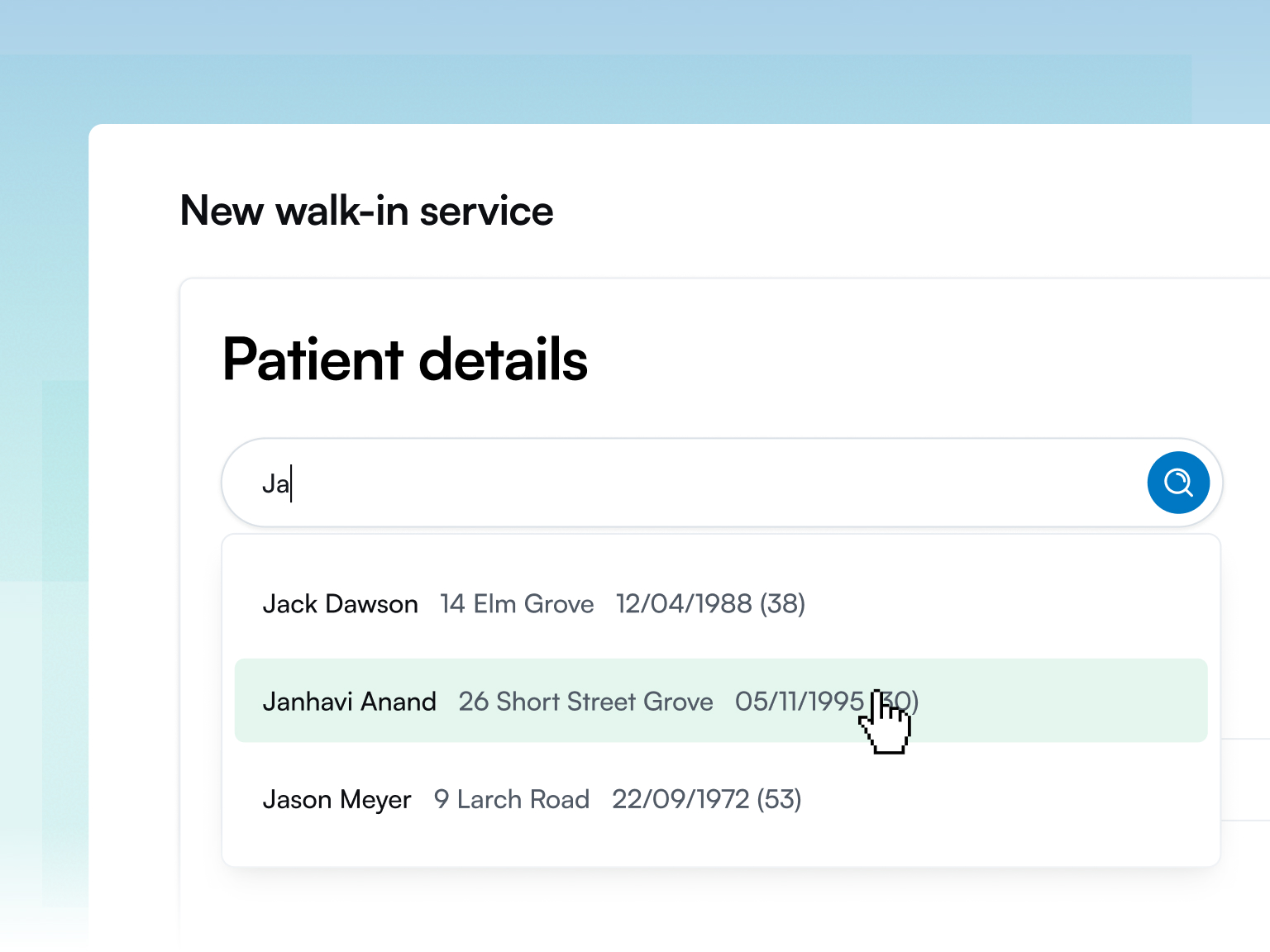Searching the Patient List for a walk-in service