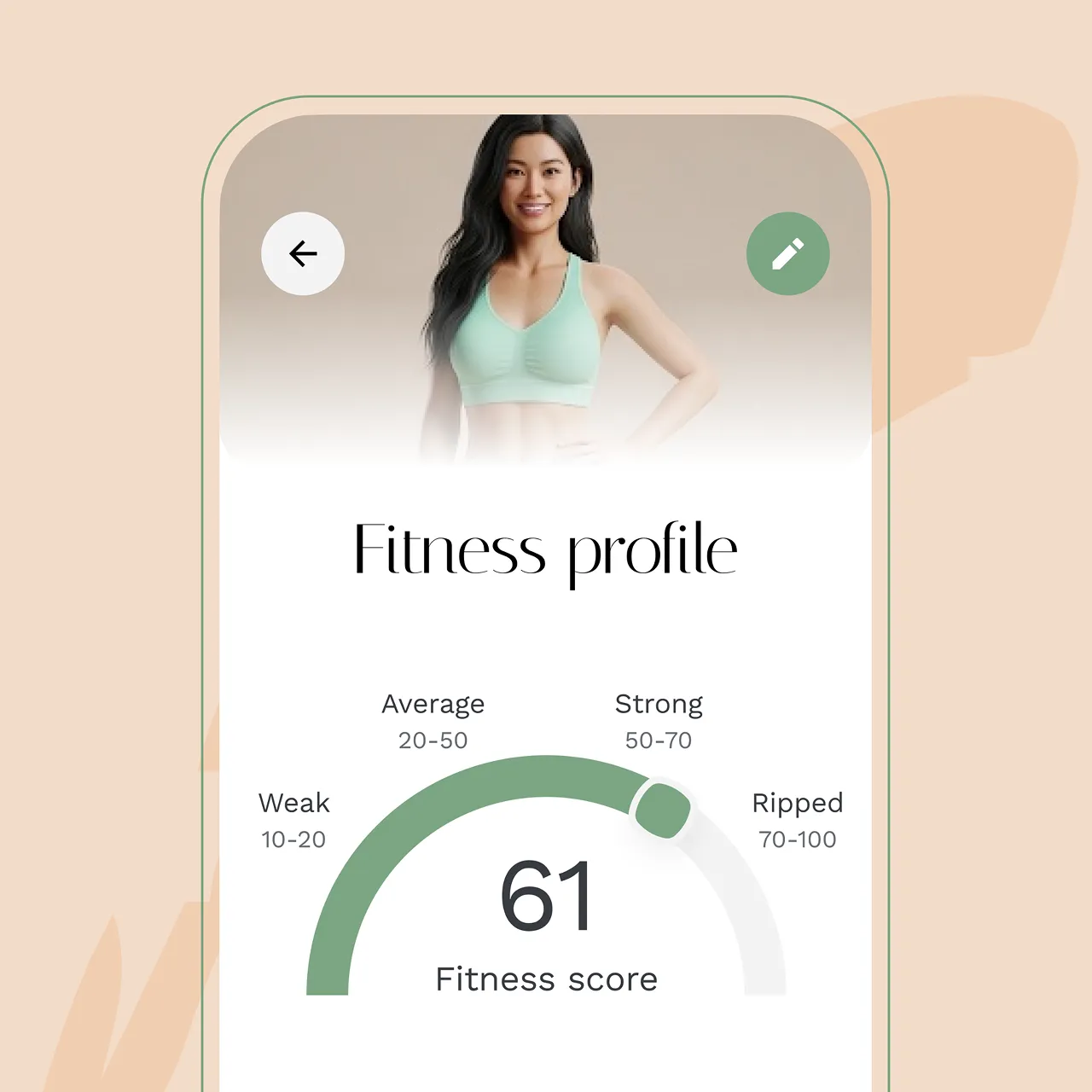 Fitness profile screen showing a fitness score of 61 in the strong range from 50 to 70 with a photo of a smiling woman in a green sports bra above.