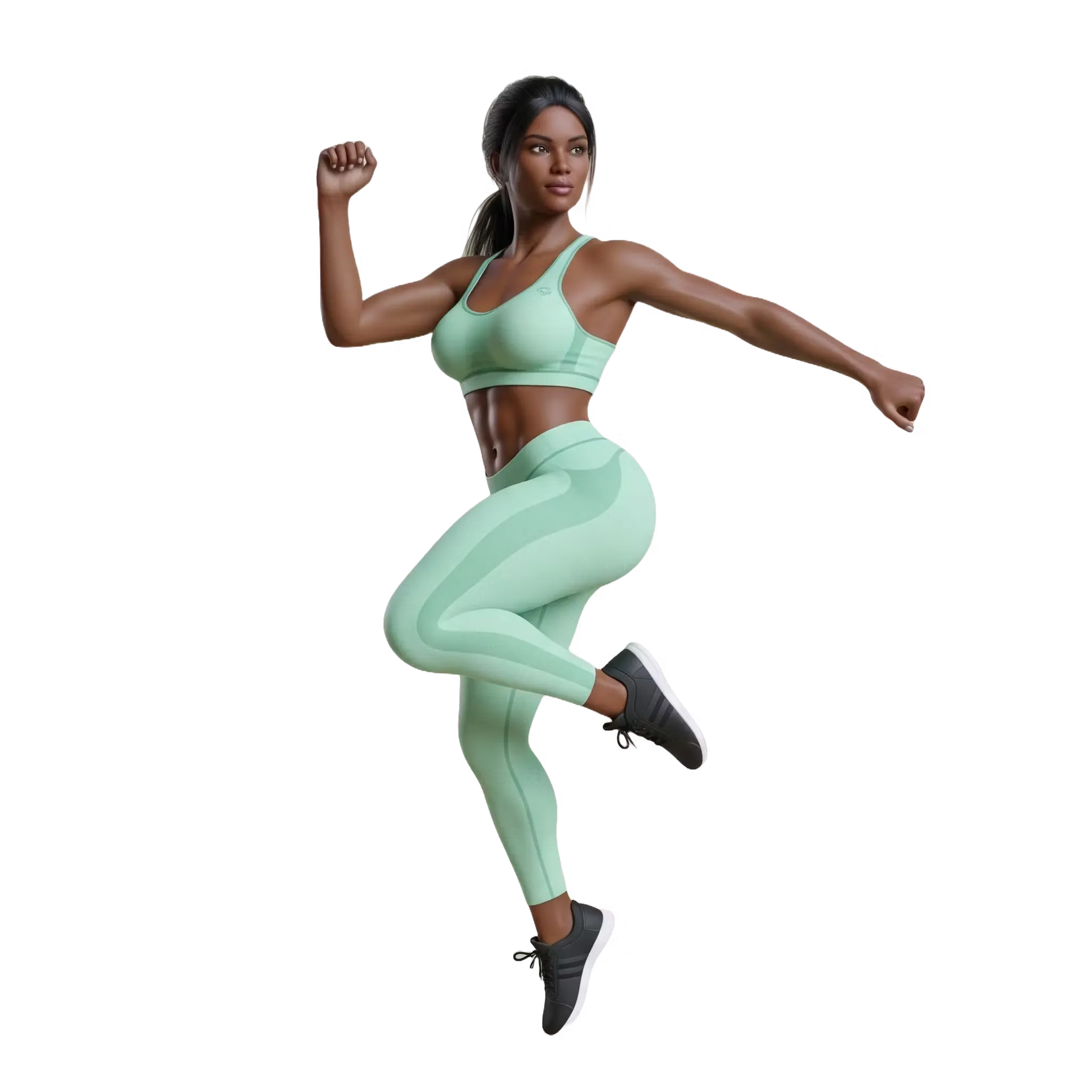 Fit woman in mint green sportswear striking a dynamic pose with one leg raised and arms extended.