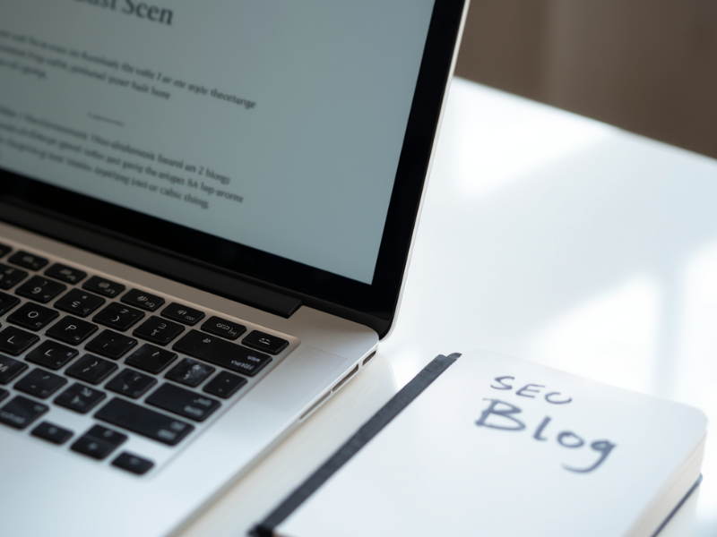 How blogging helps SEO: laptop open to a blog post on a clean white desk with a notebook showing SEO notes, natural light.