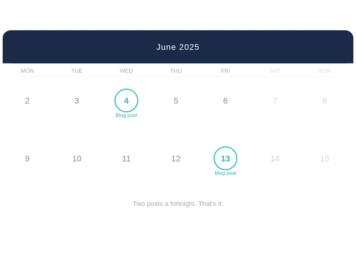 Minimal fortnight calendar showing two blog post dates circled in teal: a realistic content schedule for service businesses.