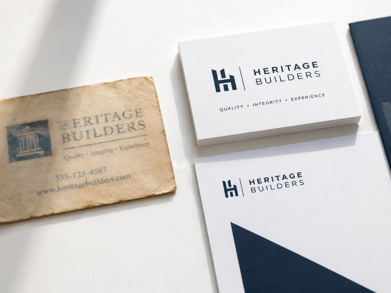 The hidden cost of an outdated brand: side-by-side comparison of faded old brand collateral and a clean modern brand identity on a white desk.